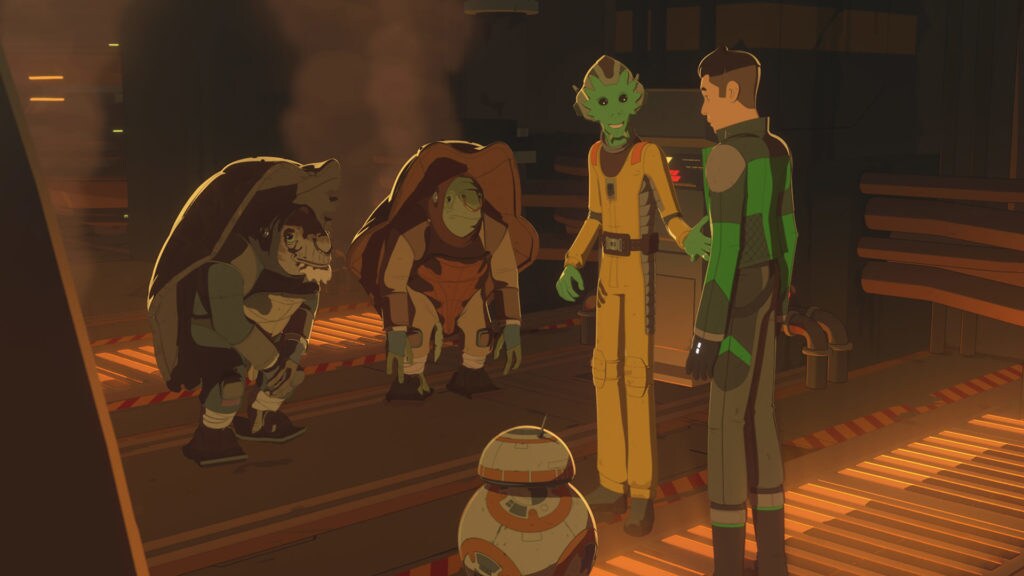 Two Chelidae with Kaz and Neeku in Star Wars Resistance.