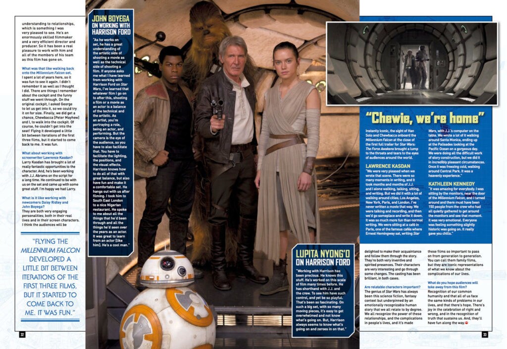 Finn, BB-8, Chewbacca, Han Solo, and Rey aboard the Millennium Falcon.