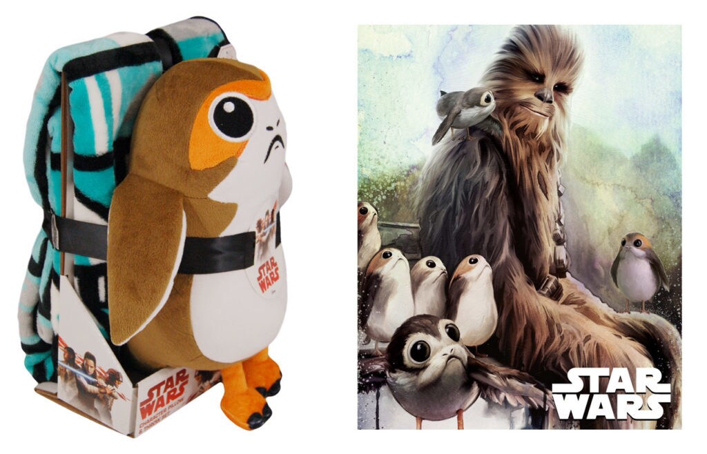 On the left, a porg pillow and throw blanket set. On the right, a Chewbacca and porg throw blanket.