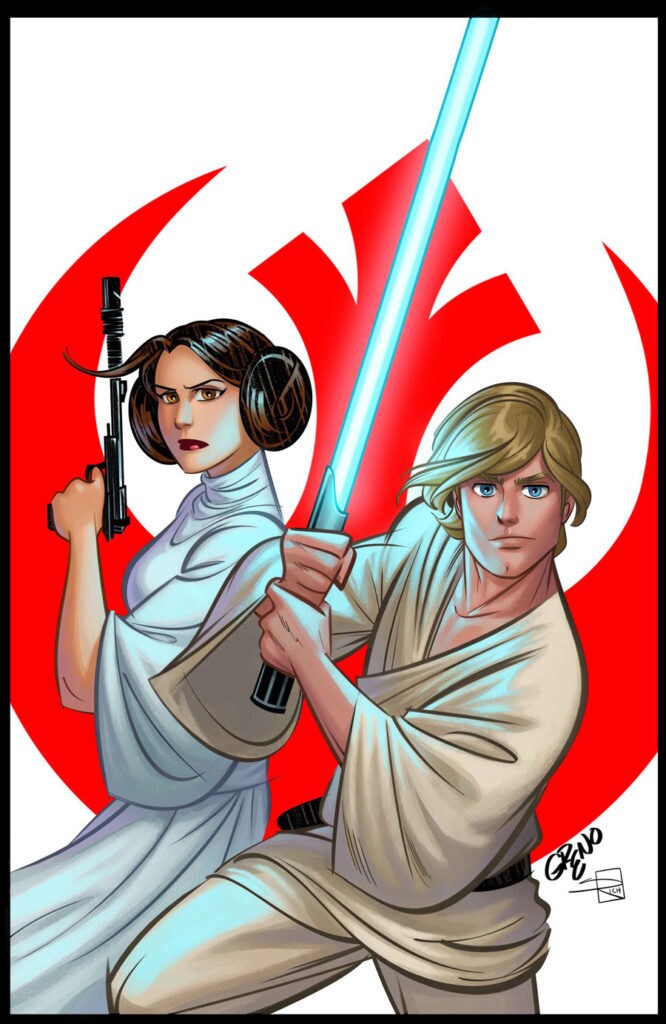 Princess Leia and Luke, armed with weapons on the cover of the Star Wars Adventures comic.
