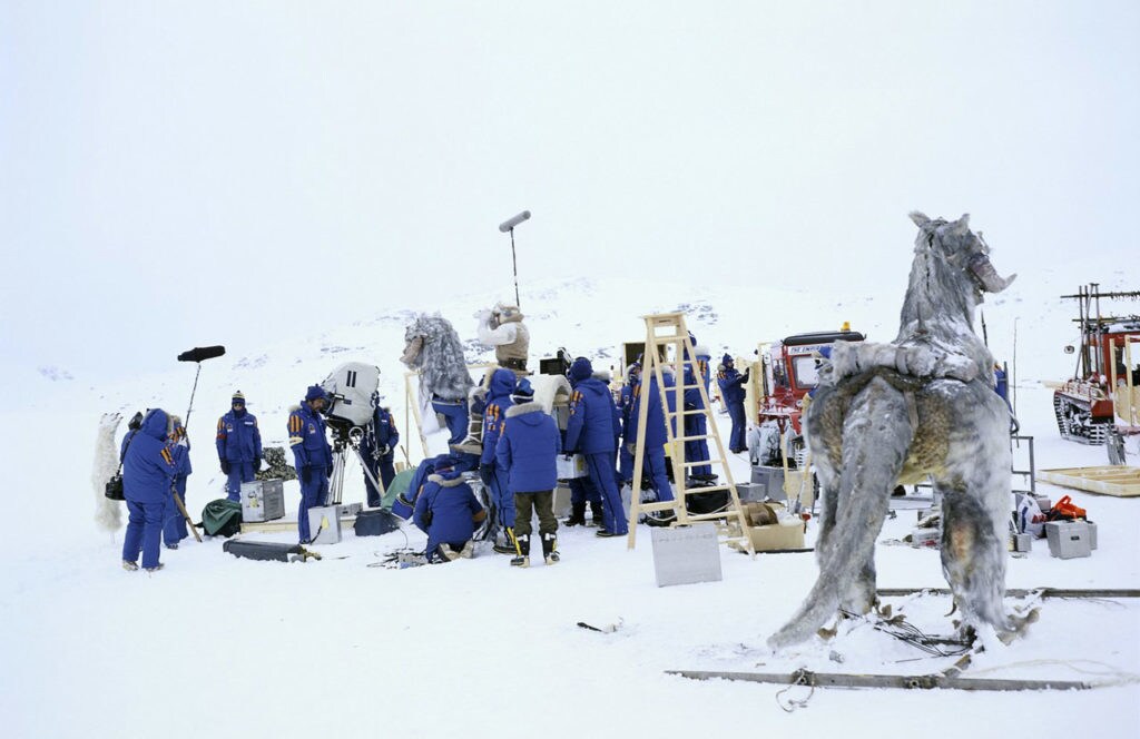 The crew shoots Empire's opening scene, while a tauntaun waits its turn.