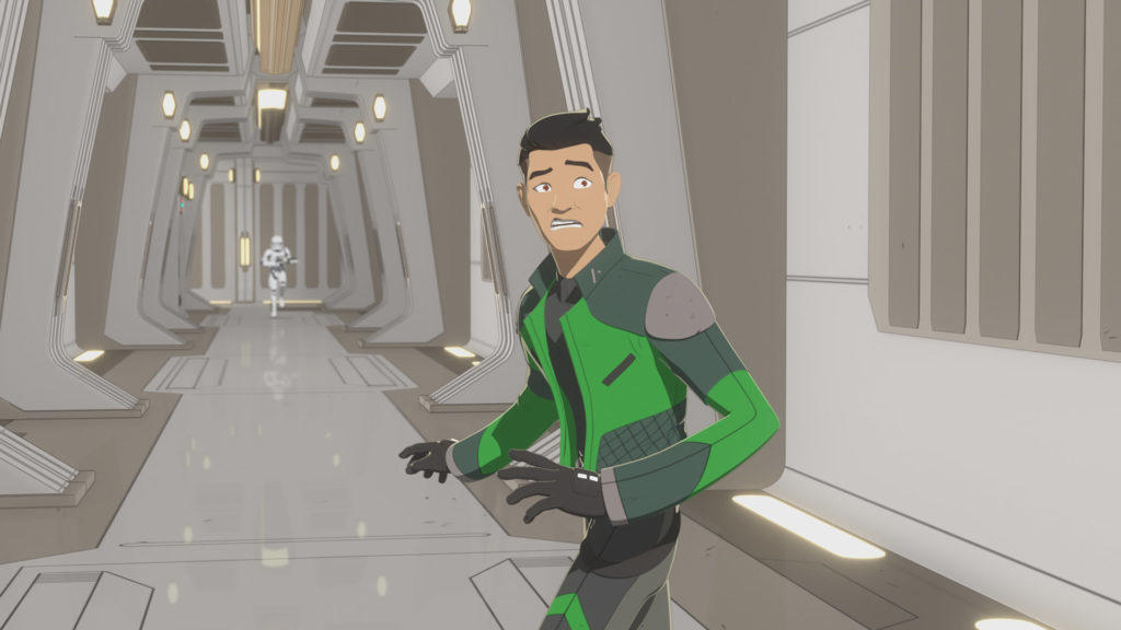 Kaz on the run in Doza Tower in Star Wars Resistance.