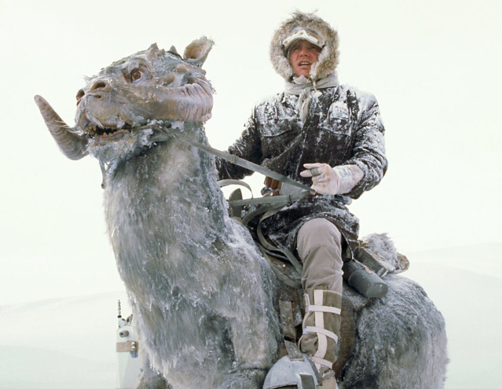 Han Solo rides a tauntaun in icy weather.