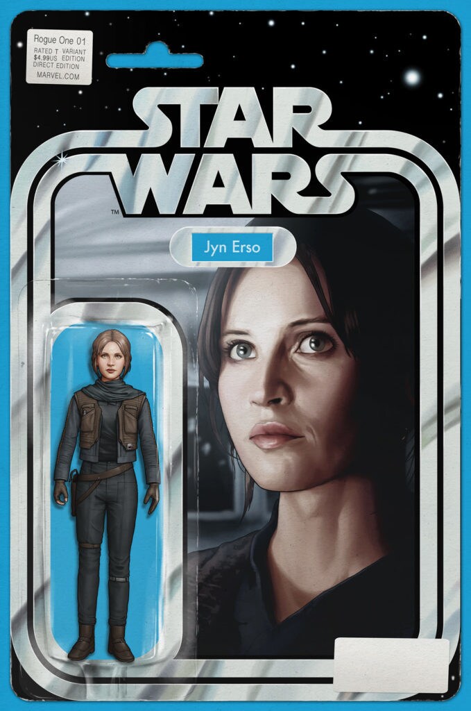 An illustration of a Jyn Erso action figure, for the Rogue One comic book adaptation.