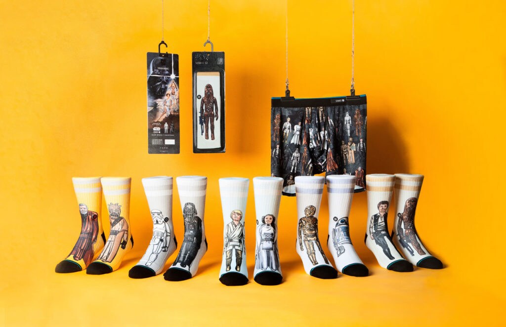 A display of Star Wars-themed socks by the California-based clothing brand Stance. The socks feature characters as seen in Star Wars: A New Hope.