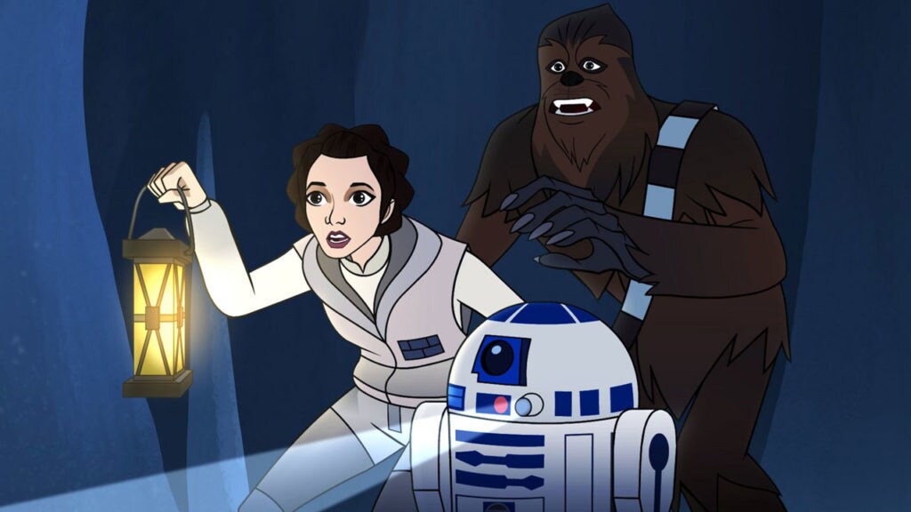 A cartoon of Princess Leia, R2-D2, and Chewbacca looking scared.