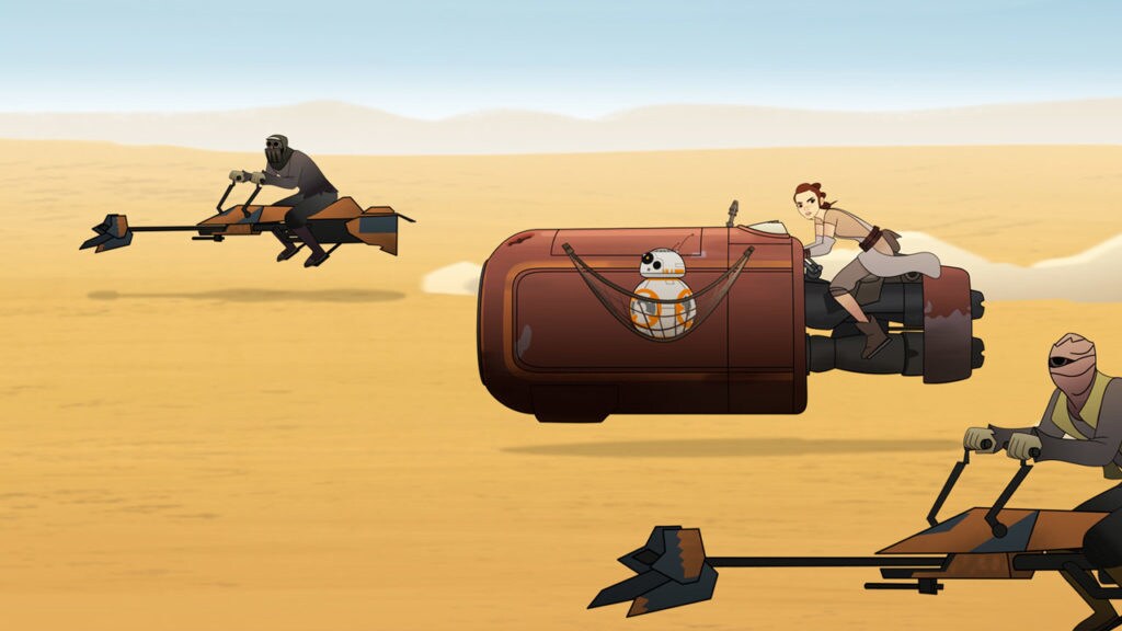 Rey and BB-8, riding a speeder, are flanked by two bandits on speeder bikes.