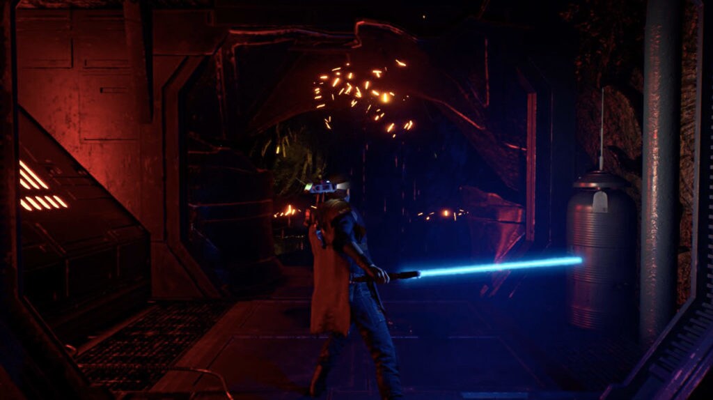 Cal Force pushes a door in Star Wars Jedi: Fallen Order.