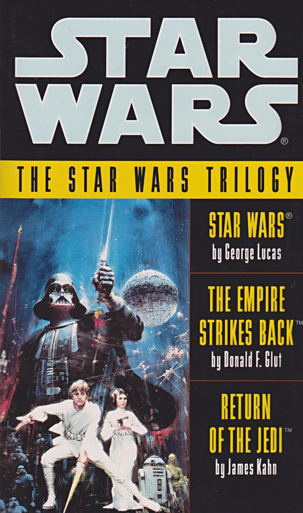 Darth Vader, Luke, Leia, R2-D2, and C-3PO appear on the slipcase for the Star Wars Trilogy book collection.