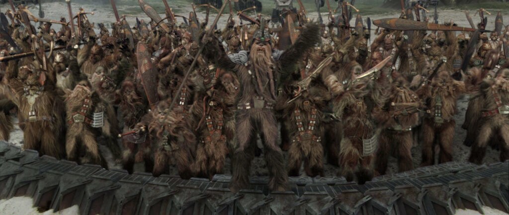 Wookies in battle gear cheer.