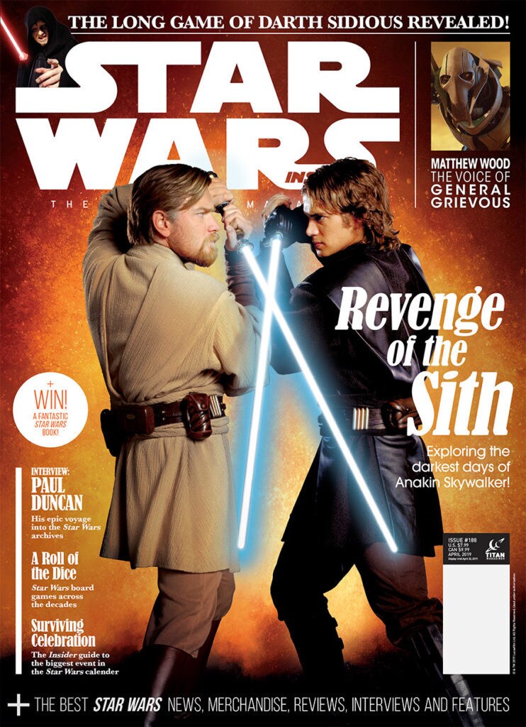 The cover of Star Wars Insider magazine features Obi-Wan and Anakin dueling with lightsabers along with coverlines about Revenge of the Sith.
