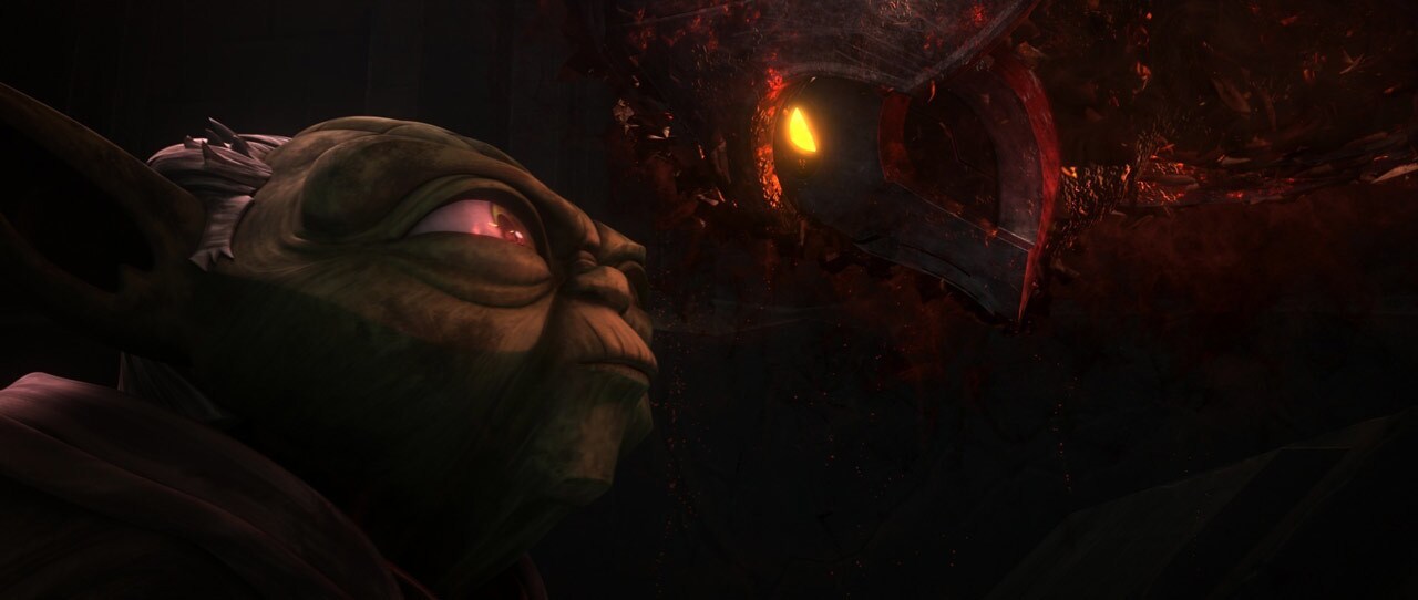 Yoda faces the spectre of Darth Bane on Moraband in Star Wars: The Clone Wars.