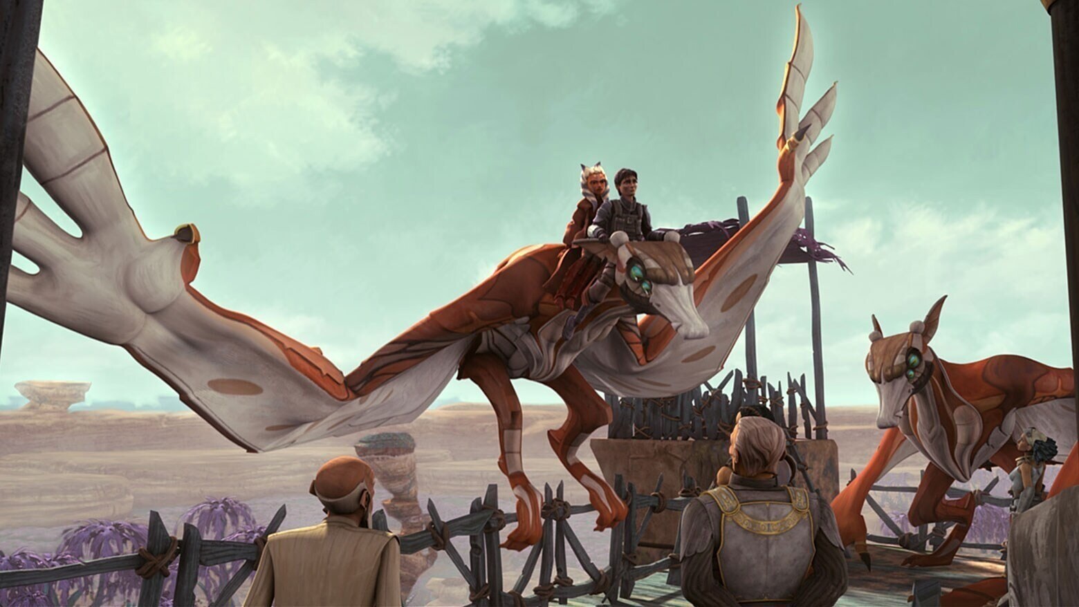 Ahsoka Tano and Lux Bonteri riding a reptavian ruping in The Clone Wars