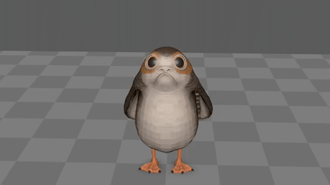A digitized male porg flaps its wings while jumping about squawking on a grey checkered background.