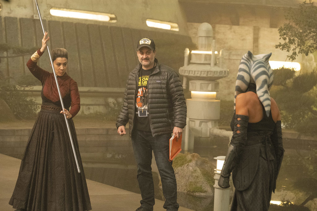 Dave Filoni, Diana Lee Inosanto, and Rosario Dawson behind the scenes of The Mandalorian.