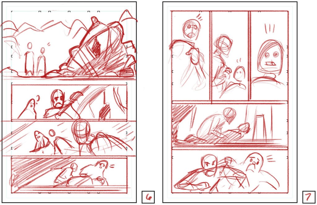 Corin Howell's rough layouts for pages 6-7 of Tales from Vader's Castle #3.
