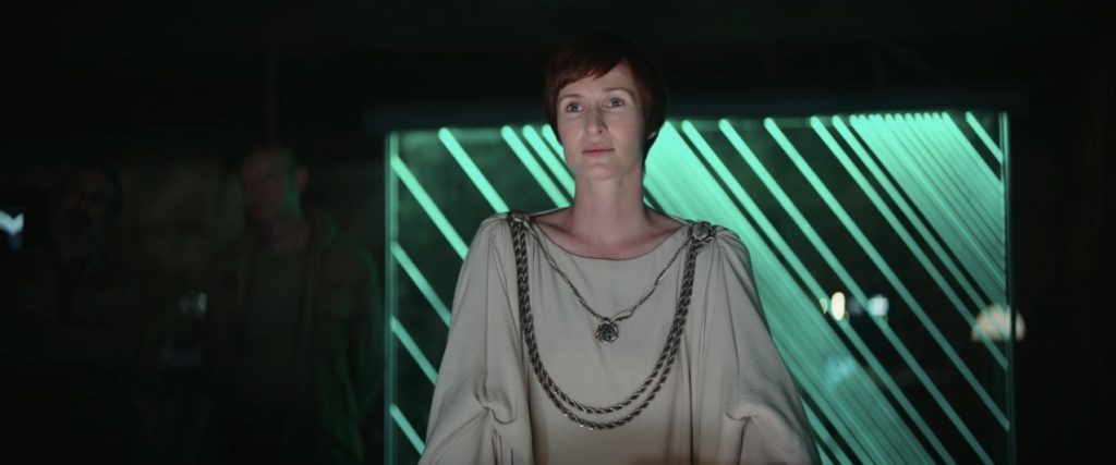 Mon Mothma stands in Rebel Alliance headquarters, in a scene from Rogue One.