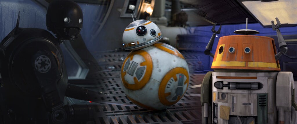 Droids K-2SO, BB-8, and Chopper.