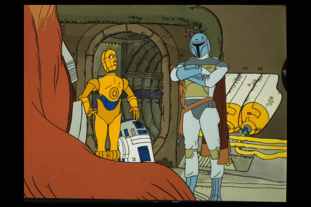 Bob Fett with C-3PO, R2-D2, and Chewbacca in The Star Wars Holiday Special.