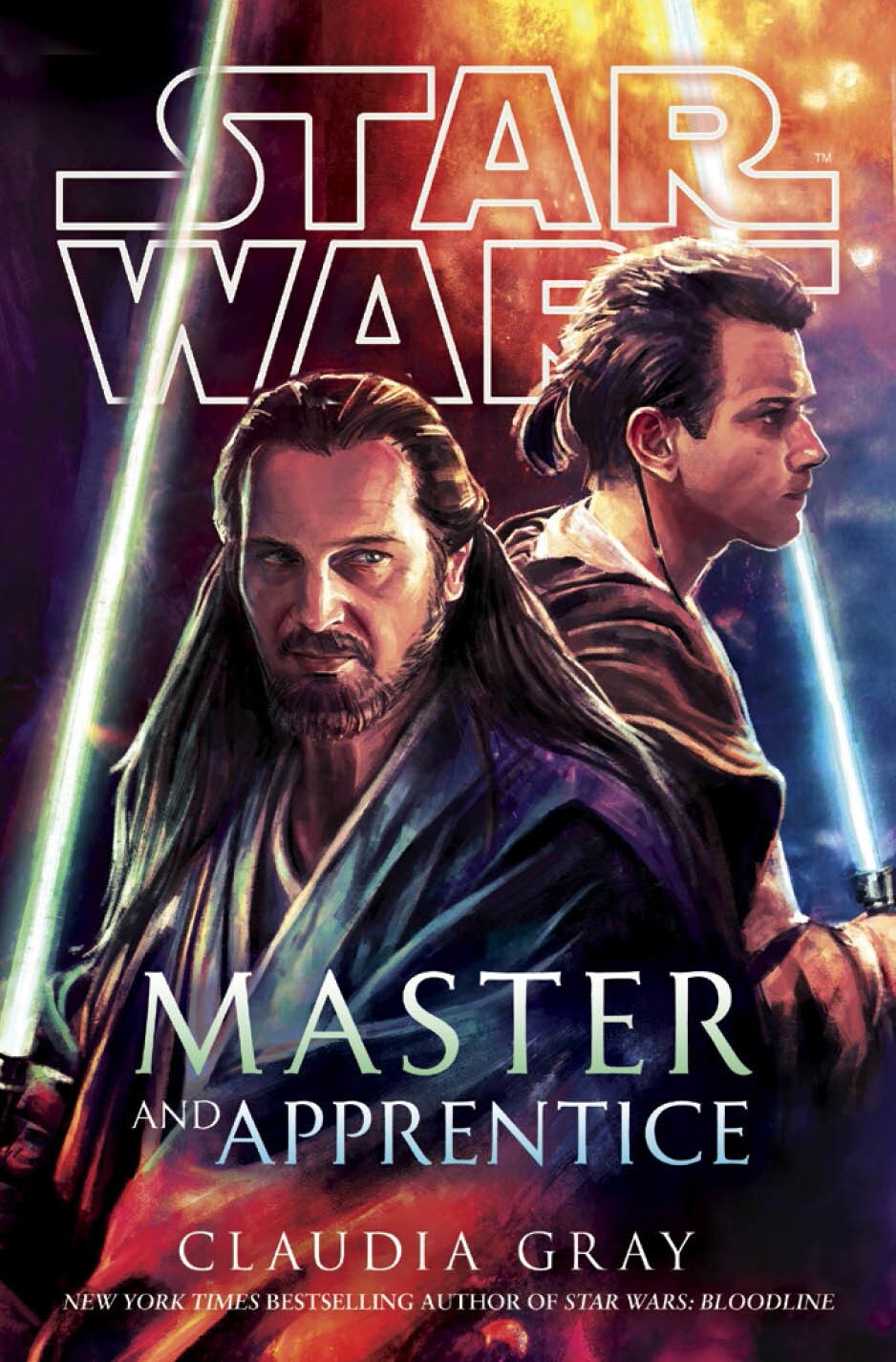 The cover of the novel Master and Apprentice, by Claudia Gray, shows Qui-Gon Jinn and Obi-Wan Kenobi standing back-to-back wielding lightsabers.