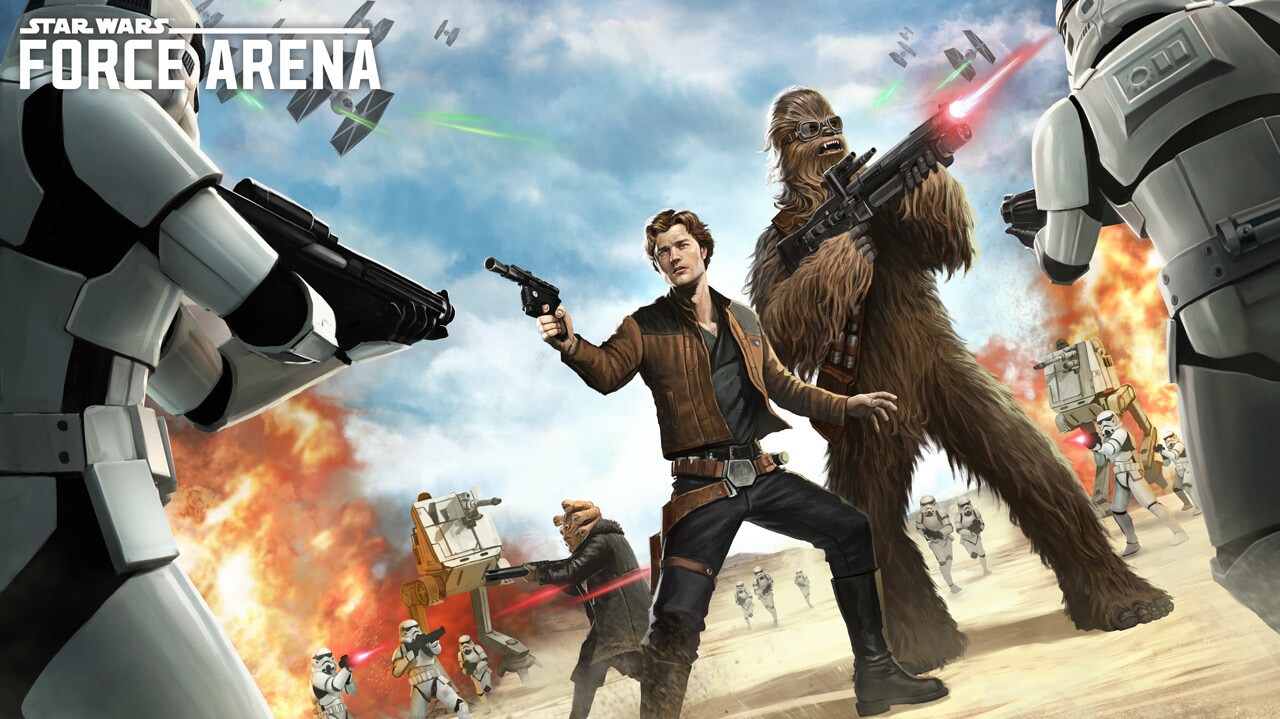 Han Solo and Chewbacca face off against stormtroopers in art promoting the video game Star Wars: Force Arena.