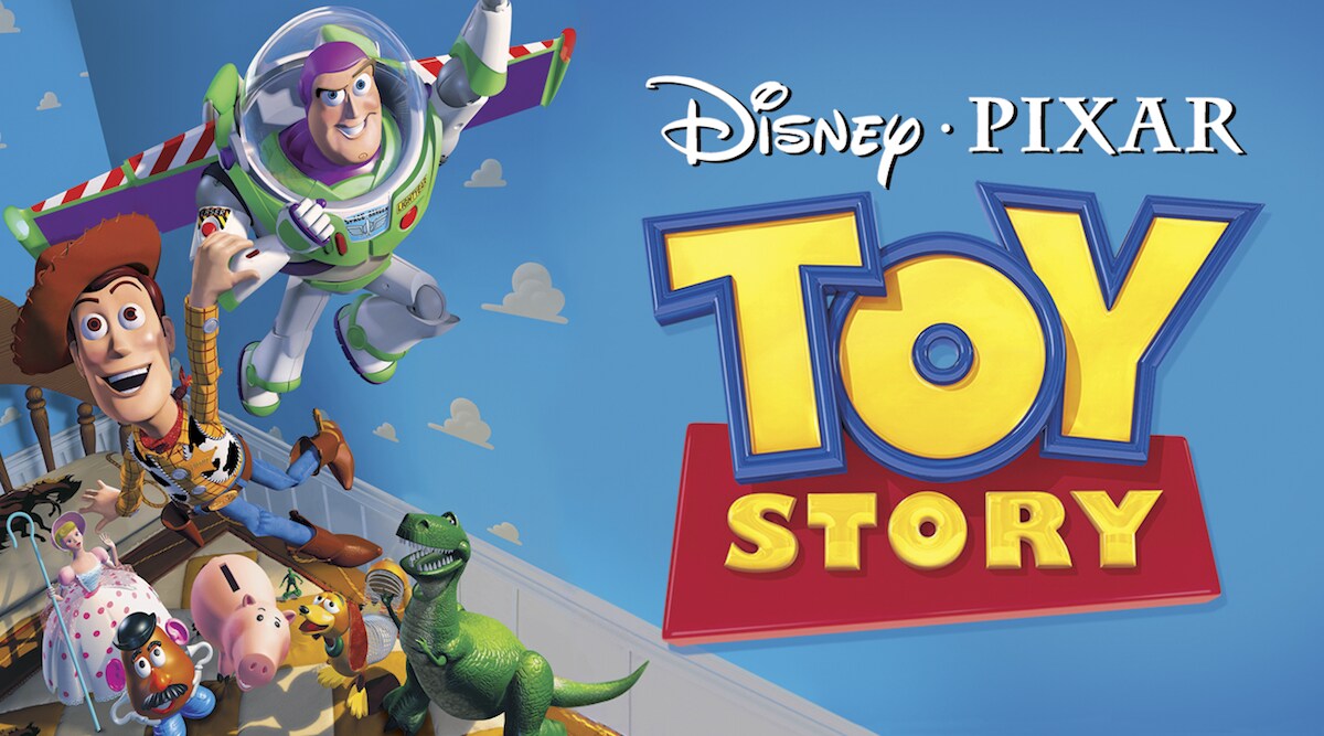 Woody holds onto a flying Buzz Lightyear while other toys look on from below in a promotional image from Toy Story.