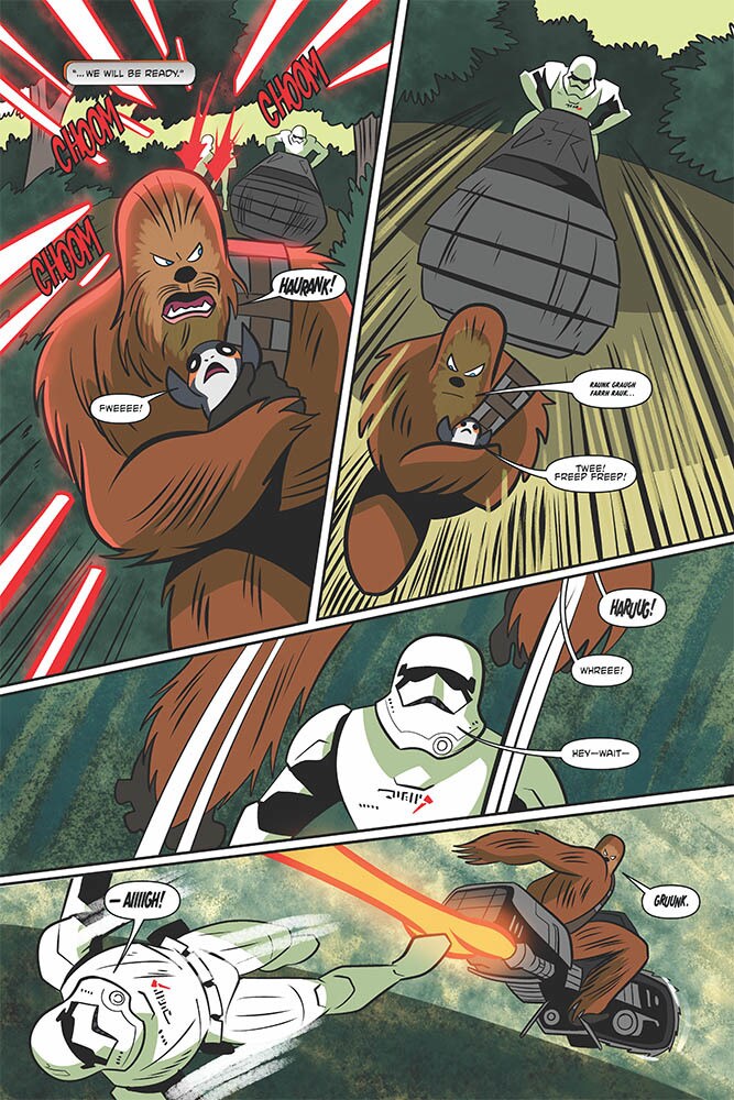 Chewbacca protects a porg from a stormtrooper, in pages from Star Wars Adventures #28.