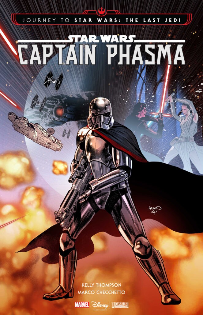Captain Phasma stands with a blaster rifle,in front of scenes from The Force Awakens, on the cover of the graphic novel Captain Phasma, by Kelly Thompson and Marco Checchetto.