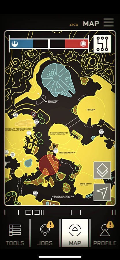 A screenshot from the Disney Play app shown inside Star Wars: Galaxy's Edge.