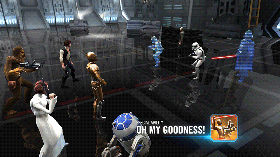 A scene from the mobile game Star Wars: Galaxy of Heroes shows C-3PO, Han, Chewie, Leia, and R2 battling Darth Vader and a pair of stormtroopers.