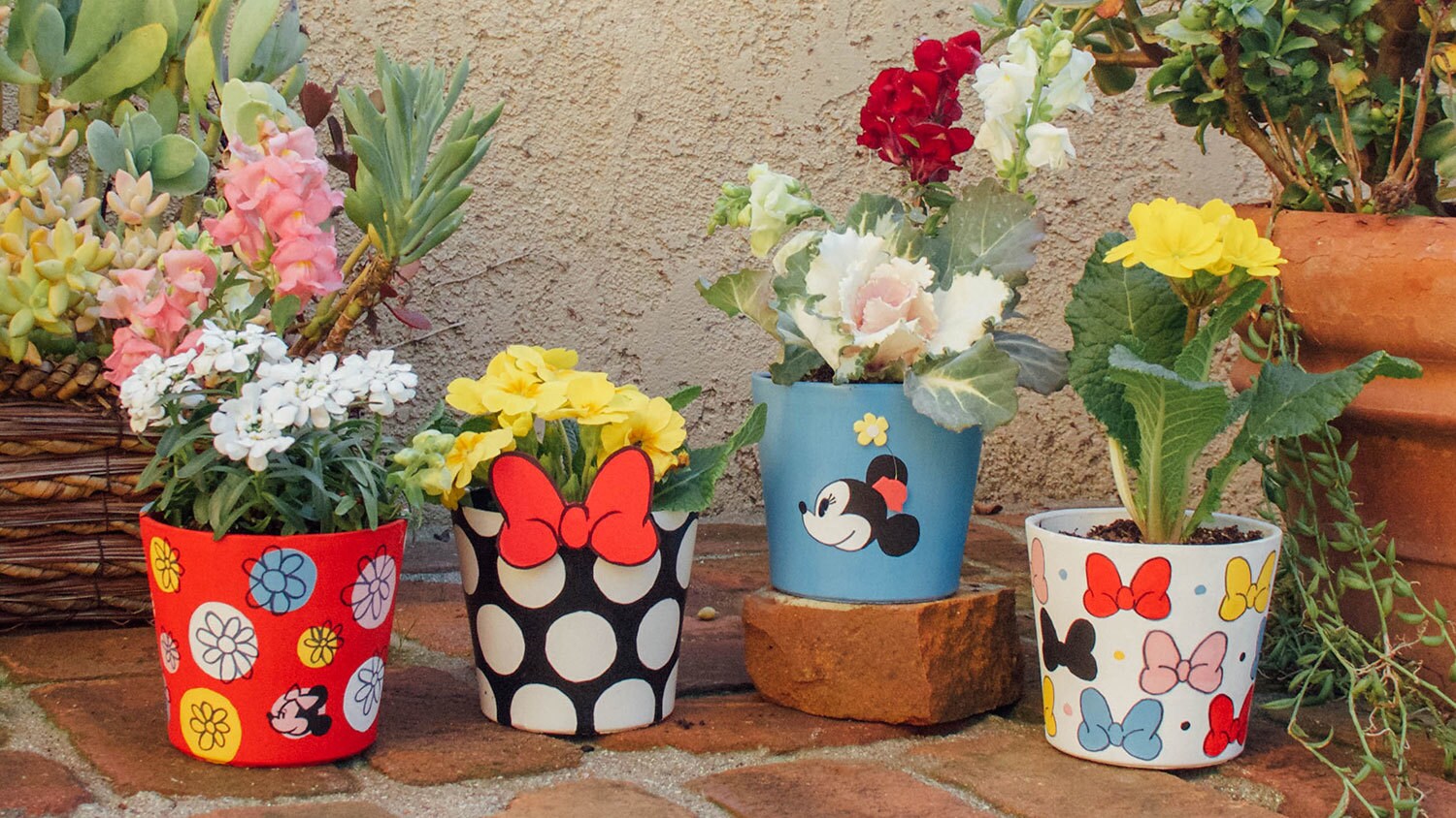 Minnie Mouse themed DIY flower pots with a variety of flowers.