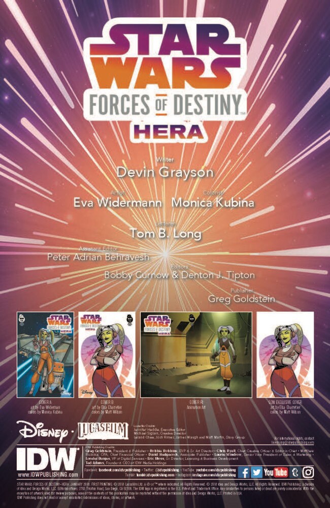 The credit page of the Star Wars Forces of Destiny: Hera comic. Along with alternate covers, it lists writer Devin Grayson, illustrator Eva Widermann, colorist Monica Kubina, letterer Tom B. Long, assistant editor Peter Adrien Behravesh, editors Bobby Curnow and Denton J. Tipton, and publisher Greg Goldstein