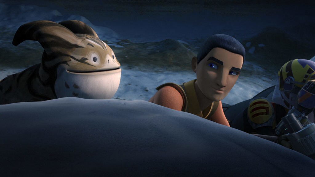 Ezra Bridger looks at a Loth-cat on a sand dune on Lothal.