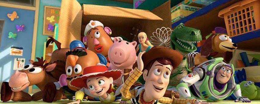 Woody, Buzz, and other toys fall out of a box in Toy Story 4.