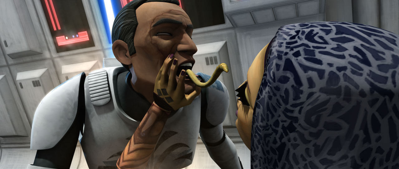 A Geonosian brain worm attempts to leave a clone trooper and enter Barriss Offee.