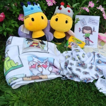 Charity tote bag contents, including plush toys, blankets, coloring books, and bandanas.