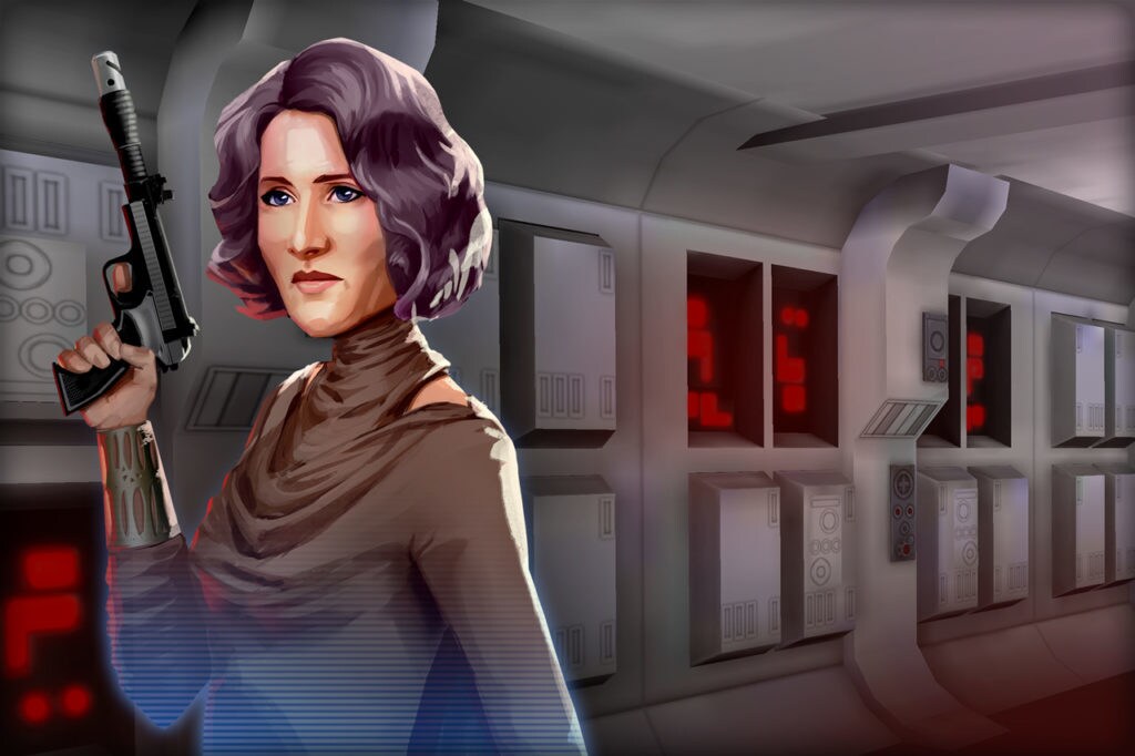 Vice Admiral Holdo wields a blaster in key art for the video game Star Wars: Galaxy of Heroes.
