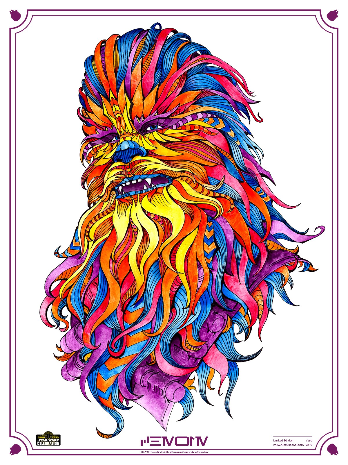 A vibrantly multicolored Chewbacca portrait.