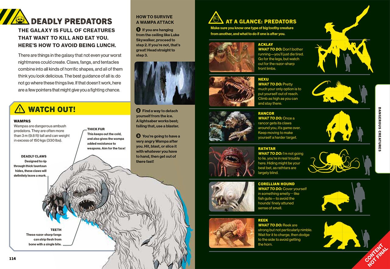 Pages from the book Star Wars: How Not to Get Eaten by Ewoks and Other Galactic Survival Skills show a list of Star Wars predators and advice on how to survive if they attack.