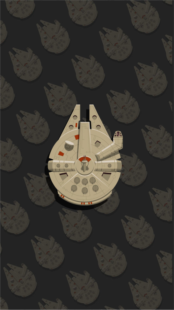 Mobile wallpaper of the Millennium Falcon over a pattern of grey Millenium Falcons from starwars.com.