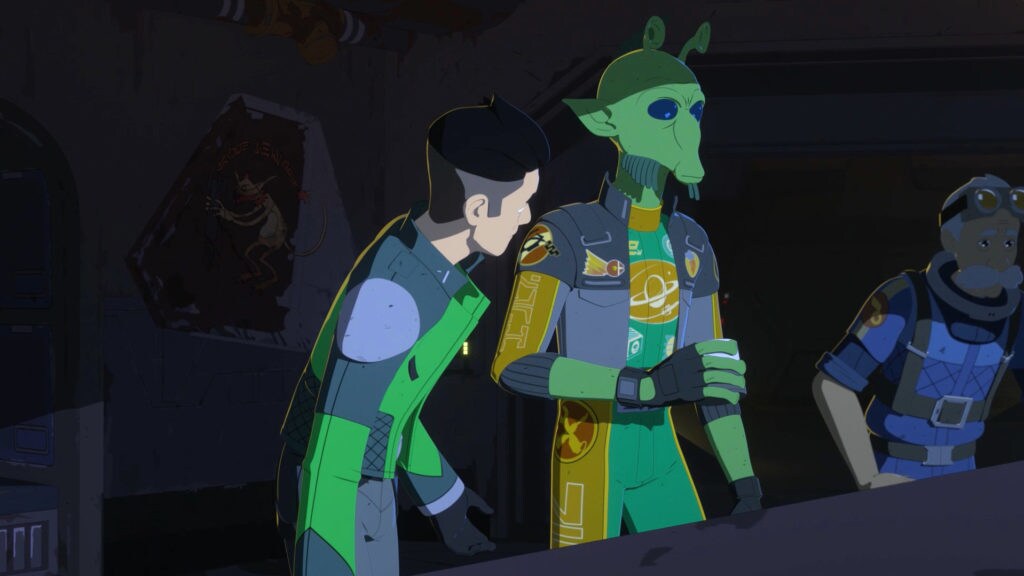 Kaz and Neeku in Aunt Z's, an old Republic gunship fuselage on the wall behind them sporting a monkey-lizard, in Star Wars Resistance. 