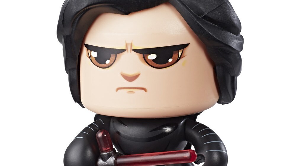A Kylo Ren Star Wars Mighty Muggs collectible figure holds a lightsaber with a stern expression on its face.
