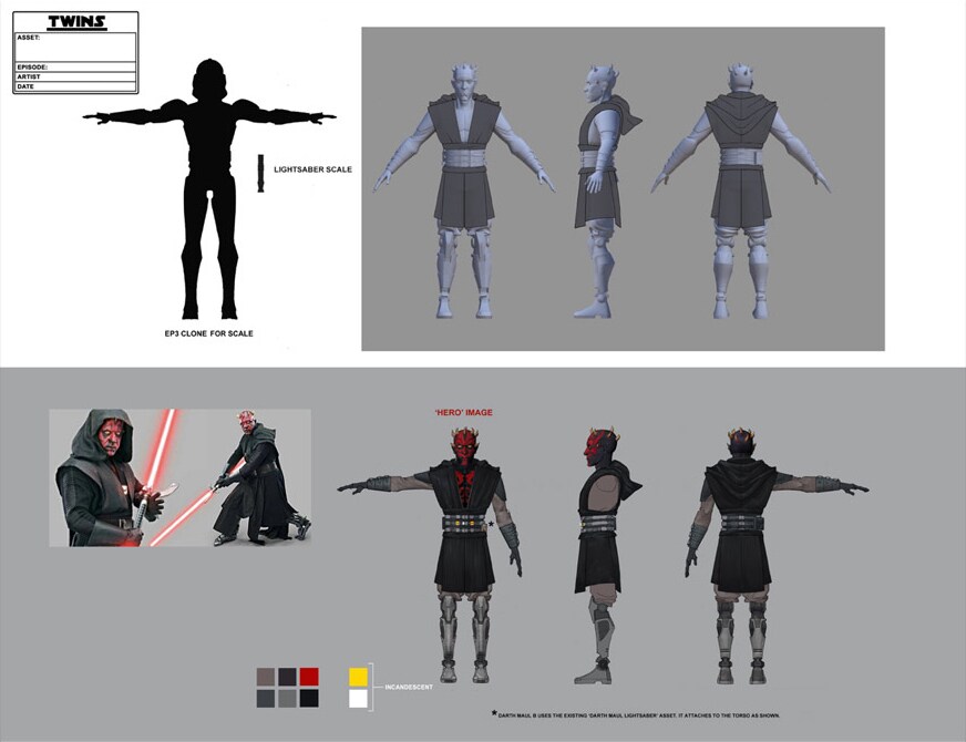 Concept art for Darth Maul in the final season of The Clone Wars, modeled after his appearance in Solo.