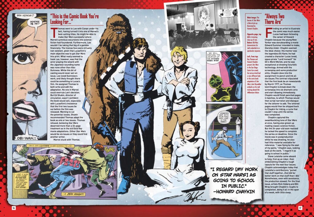 A spread from Star Wars Insider: Icons of the Galaxy features illustrations of Chewbacca, Luke, Han, and Leia.