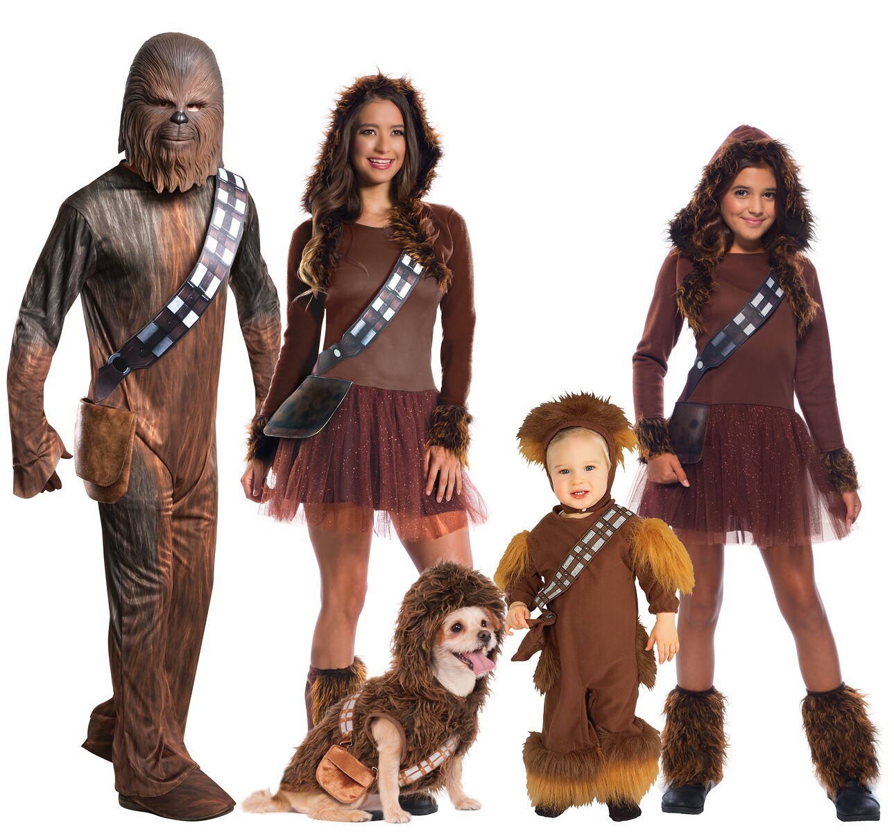 A family dressed in different types forms of Chewbacca costumes.