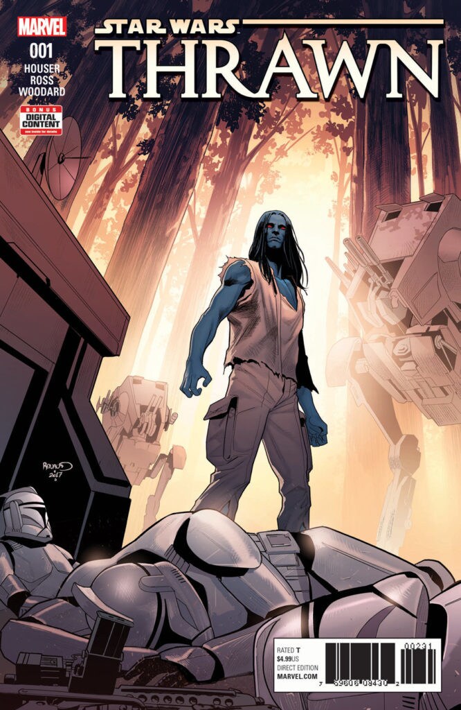 Thrawn stands tall over fallen stormtroopers while AT-STs surround him on the cover of an issue of Marvel's comic book series Thrawn.