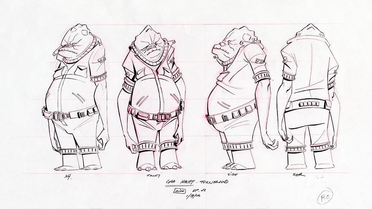 The smuggler Gha Nachkt from The Clone Wars is depicted in a four-image artistic turn-around rendering.
