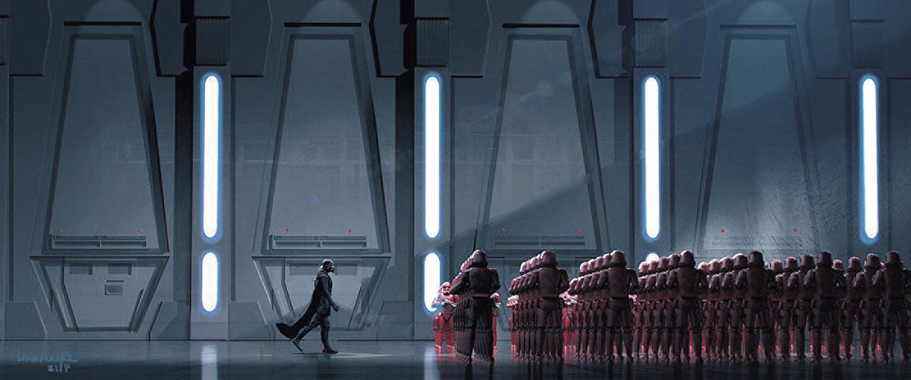 Concept art of a First Order hangar in The Rise of Skywalker, by Christian Alzmann and James Clyne.