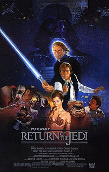 A poster for Return of the Jedi features Leia, Luke, Han, Lando, Wicket, Jabba, and Bib Fortuna with Darth Vader looming large behind them.