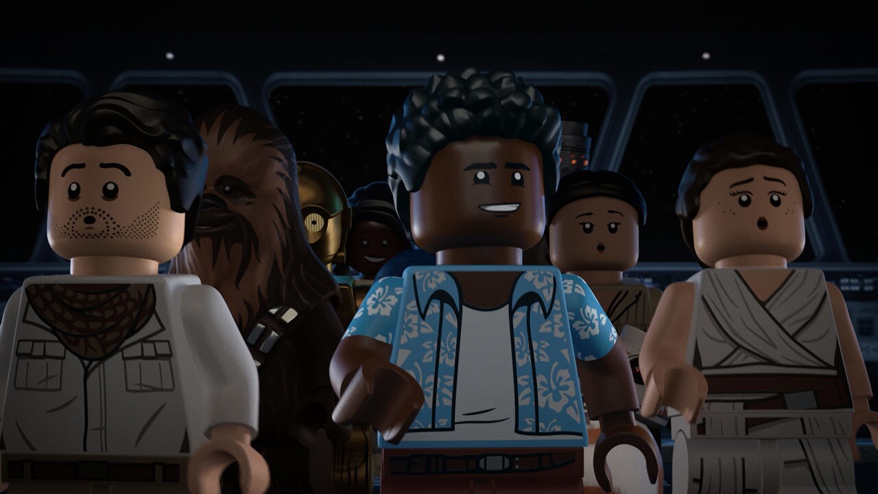 A scene from LEGO Star Wars Summer Vacation with Poe, Chewie, C-3PO, Finn, Rose, and Rey